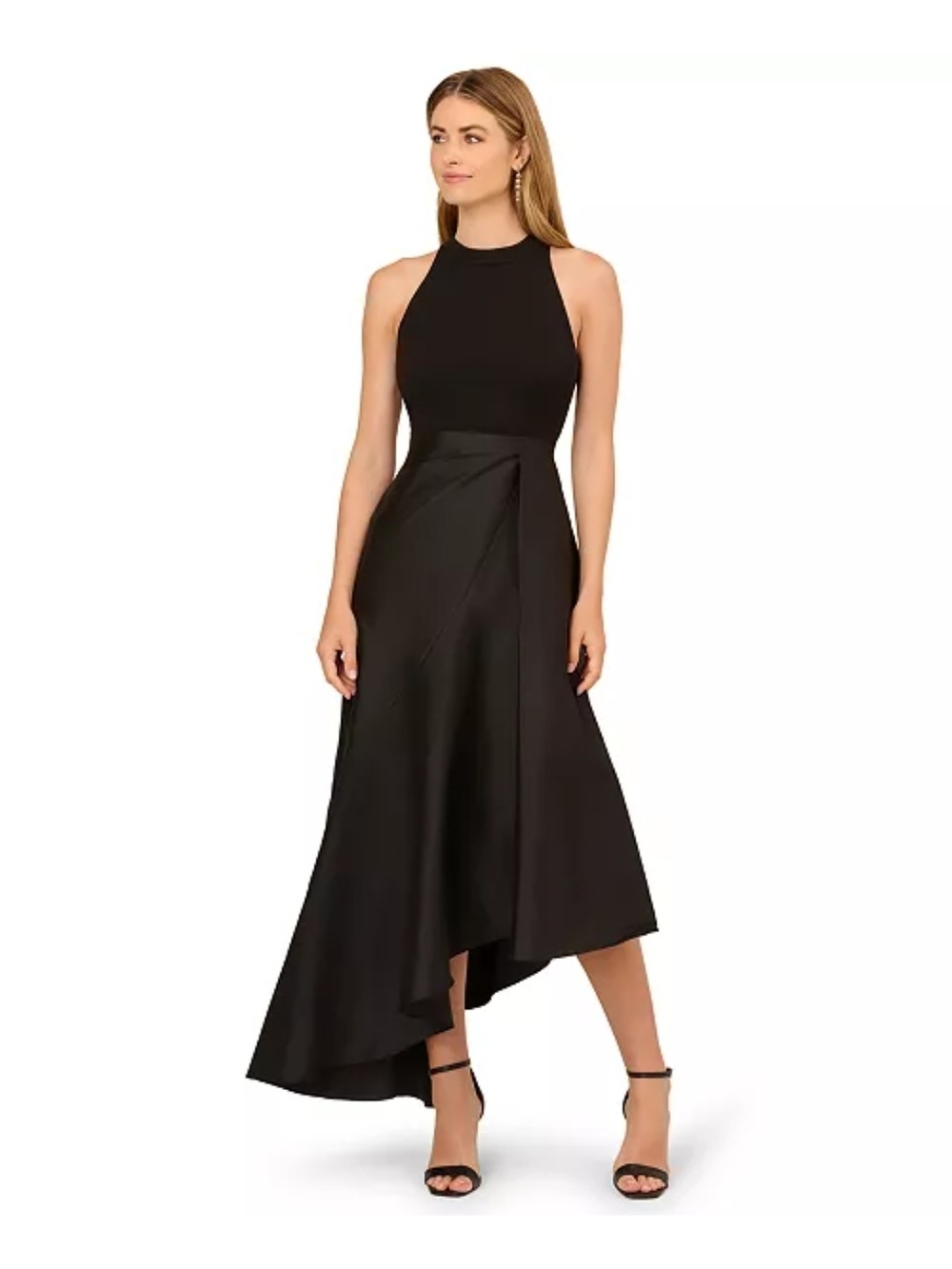 Adrianna Papell Black Halter High-Low Satin Evening Dress